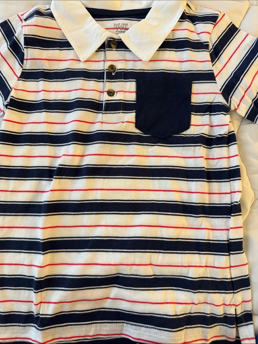 Carter's Navy, White & Red Striped Polo with Chest Pocket